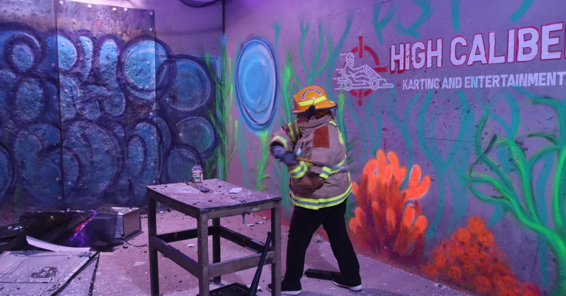 rage room with firefighter